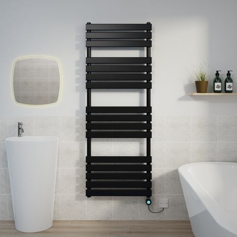 Flat Electric Towel Rail Thermostatic Timer Black 1600x600mm