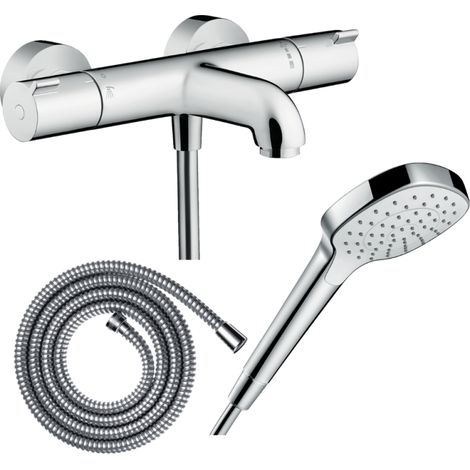 Pack mezclador termostático de baño HANSGROHE Ecostat 1001CL + flexo Metaflex + mando Croma Select E EcoSmart blanco/cromo