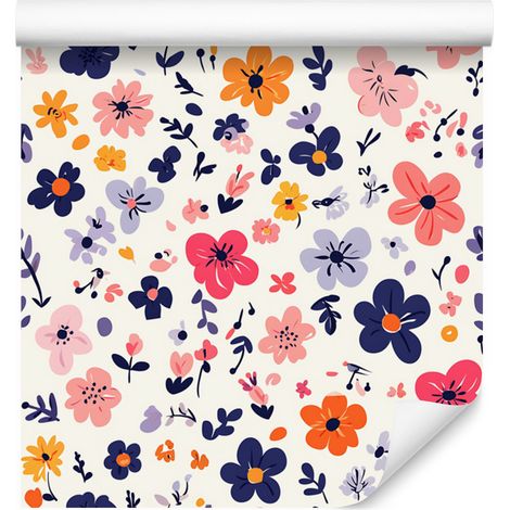 Cottagecore-Blumentapete, Weiß, Hellgrau und Koralle, 50 x 1000 cm (1/5)