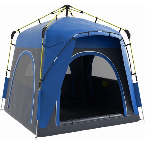 Tente familiale dôme 4 personnes, pop up avec 4 portes 4 fenêtres, inclut sac de transport pour camping randonnée, bleu gris