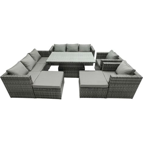 Fimous Rattan Dining Table Sofa Set with 2 Armchair 2 Stools Outdoor 10 Seat Garden Furniture Set Dark Grey Mixed (1/5)