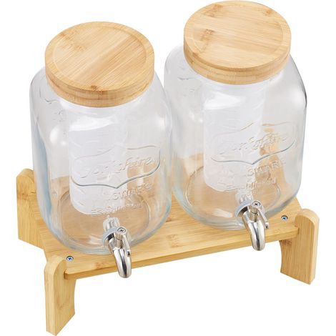 Getränkespender, 2er-Set, je 3,8 l, mit Holzständer, Edelstahlhahn, Siebeinsatz, ideal für Eistee, Limonaden, Säfte und Wasser auf Partys. (1/5)