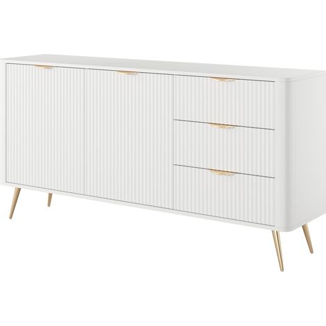 Commode : 3 Tiroirs, 2 Portes, Blanc, 163,2 x 38 x 81,2 cm (1/5)