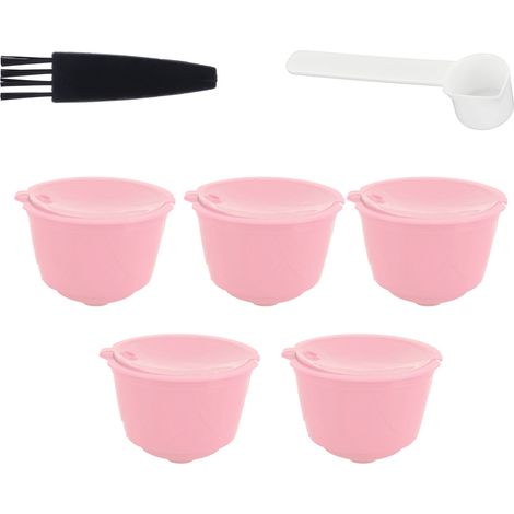 Wiederverwendbare Kapseln für Dolce Gusto Maschinen – 5er-Set rosa Kapseln mit Löffel und Reinigungsbürste (1/5)