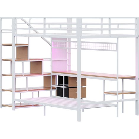 Letto a soppalco in metallo bianco 140x200 con scrivania LED prese e contenitori MODENUIT (1/5)