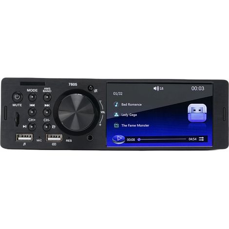 Autoradio simple DIN avec caméra de recul 1080p, écran 4 pouces, double port USB, charge rapide, radio FM, entrée auxiliaire, commandes au volant et Bluetooth. (1/5)