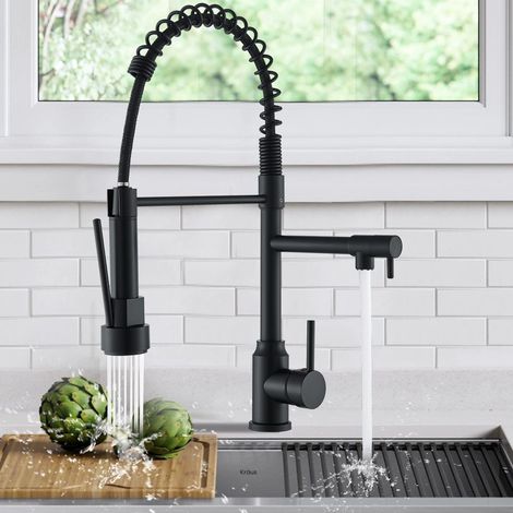 Mitigeur de Cuisine noir Avec Douchette Flexible et Robinet Cuisine Pivotante 360°Rétractable Avec Pulvérisateur Double Fonction avec 2 sorties (jet et pulvérisation), haute pression en Acier Inoxydab