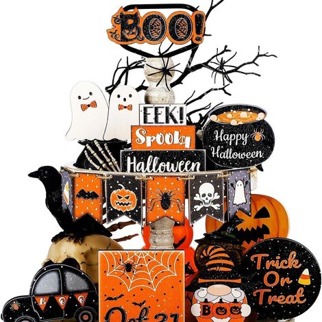 Ensemble de 15 plateaux à étages en bois pour Halloween (décoration de table/maison) (1/2)