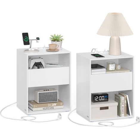 Vasagle – Lot de 2 tables de chevet modernes – Assemblage ultra-rapide sans outil – 35 x 45 x 58,3 cm – Blanc mat avec tiroir et multiprise USB (1/5)