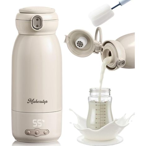 Scaldabiberon portatile, riscalda, mantiene caldo e sterilizza, si riscalda rapidamente in 3 minuti, grande capacità 500 ml, batteria da 10400 mAh, adatto per acqua e latte, spazzolino per la pulizia  (1/5)