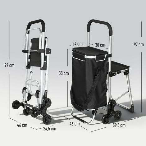 Chariot de courses 3 roues, sac Oxford 40L, cadre aluminium, assise incluse, gris, pratique pour courses et transport. (1/5)