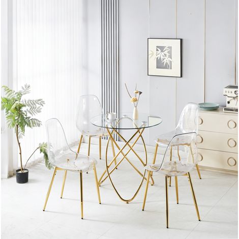 MEUBLIV set da pranzo 5 pezzi rotondo dorato con tavolo in vetro e 4 sedie (1/5)