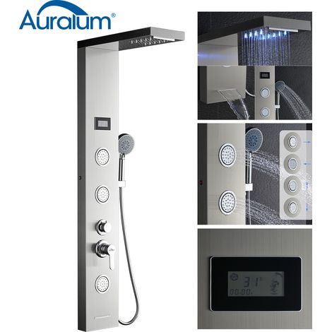 AuraLum Columna hidromasaje para ducha con LED Alcachofas + LCD Pantalla de temperatura + 5 salida de agua,color plateado