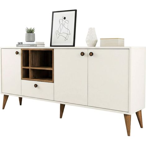 Schrank Eidechse, Anrichte 4 Regale, eine Schublade, 3 Türen, 180x35x81h cm Cremeweiß