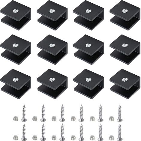 12 Pieces Glass Clips, Adjustable Glass Partition Bracket, Glass 6 to 8 mm Wall Shelf Brackets, Aluminium Shelf Brackets, for Bathroom, Balcony (with Screws, Black) (1/5)