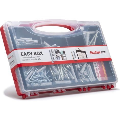 Fischer Easybox Valigetta Tasselli UX con vite Assortiti, SX con gancio appendiquadro per Fissaggio su Muro Pieno e Mattone Forato, Set 252 pezzi, 513433 (1/4)