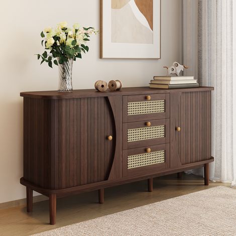 Buffet en Noyer 140 cm Commode en Rotin avec 3 Tiroirs de Rangement, 2 Portes et Étagères Réglables - pour Salon et Salle à Manger