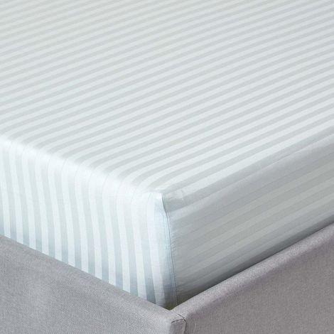 HOMESCAPES Blue Egyptian Cotton Satin Stripe Fitted Sheet 330 Thread Count, King - Blue