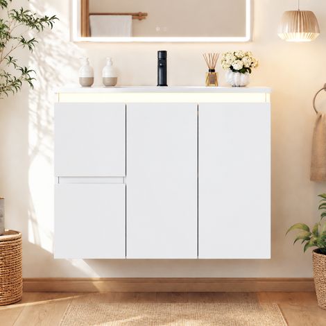 Lavabo mural de 764757 cm, totalmente lacado, iluminación LED con detector de radar, bisagras de cierre suave, lavabo integrado, color blanco. (1/5)