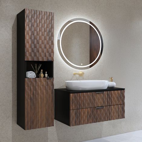 Doppelwaschtisch und Hängesäule 81cm Nevia mit 2 Schubladen, Holzoptik und Schwarz