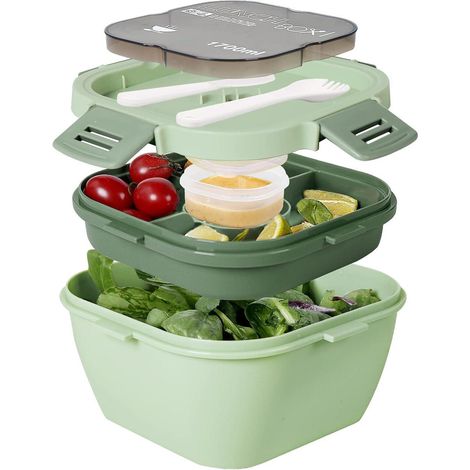 Salatbehälter Fächer Lunchbox Besteck Kinder ToGo 1700 ML Dunkelgrün (1/5)