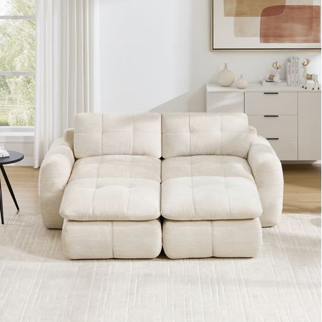 Divano modulare 194x160x68 cm, senza telaio, seduta ampia e profonda, combinazione flessibile, chenille beige (1/5)