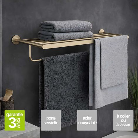 Porte serviettes salle de bain 60cm- acier inoxydable S.304 or brossé - Fixation Collée ou Vissée