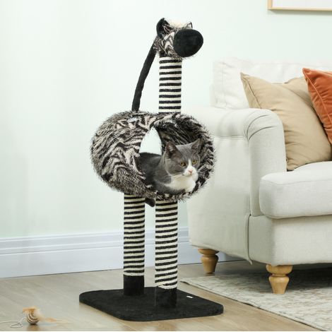 Tiragraffi in juta e peluche nero con tunnel, per graffiare, giocare e arrampicarsi, 48,5 x 35 x 93 cm (1/5)