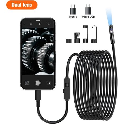(Double objectif, 1 m) Caméra endoscopique, compatible avec les systèmes iOS et Android, avec lumière LED, étanche à l'eau et à la poussière IP67. (1/5)