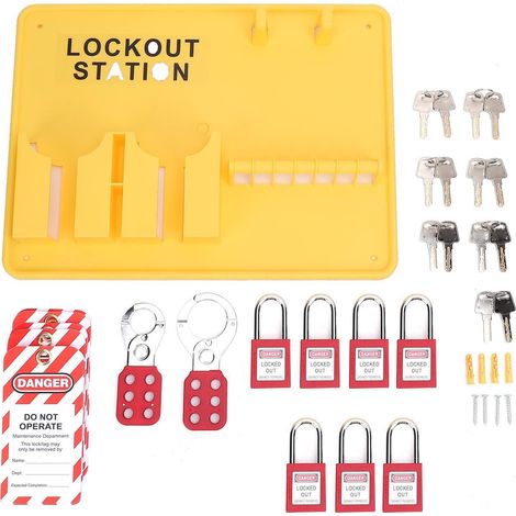Kit stazione di etichettatura per serrature PC PA, montaggio a parete, pannello di sicurezza industriale con 10 etichette e 2 ganci gialli.