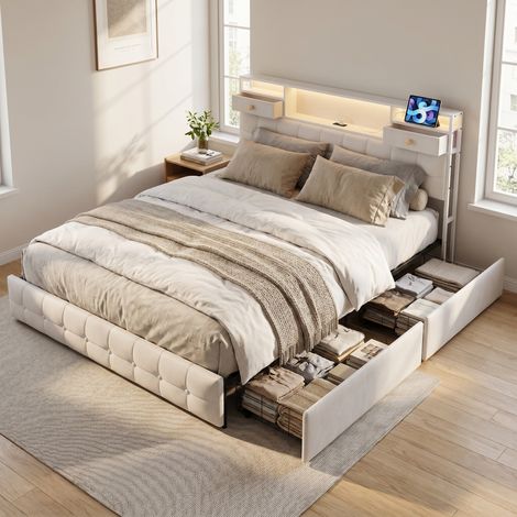 Doppelbett 160x200 cm mit 4 Schubladen, RGB-LED und Ladeanschlüssen, Kopfteil mit Stauraum, Samt, Beige
