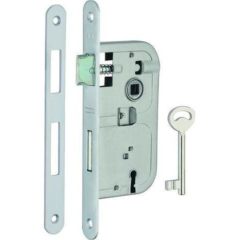 Serrure encastrable à clé pour porte de chambre, axe 45mm, bouts ronds, 1 clé, têtière chrome opaque - (1/5)