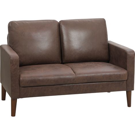 Divano 2 Posti Moderno 130x78x85 cm con Rivestimento in Tessuto Effetto Pelle Traspirante e Gambe in Legno Marrone Scuro