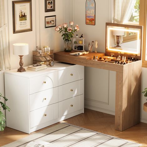 Bureau droit pivotante LED avec miroir 105 x 40 x 80 cm, 7 tiroirs, bureau pliable, blanc et bois naturel (1/5)
