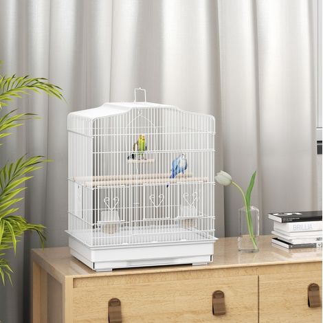 Cage à oiseaux vintage 46,5x36x59 cm en acier blanc, avec accessoires pour petits oiseaux FloraGrace (1/5)