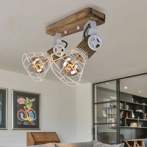 Deckenleuchte Holz Deckenlampe schwenkbar Wandleuchte Industriell, Metall weiß, 2x LED 7W 806Lm warmweiß, LxBxH 27x14x27 cm