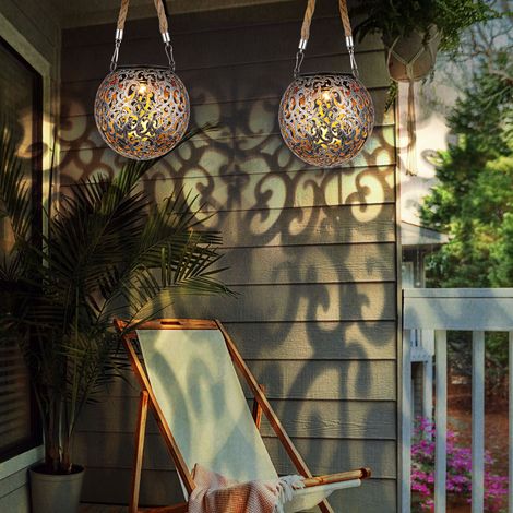 Solarlampe Hängeleuchte Gartendeko LED Garten rund Außenleuchte Tisch Pendellampe im Kugeldesign, Metall kupfer silber, 1x LED, DxH 12x26 cm, 2er Set