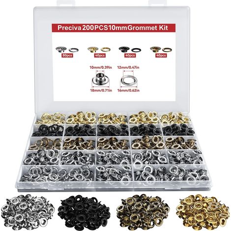 Kit d'œillets métalliques 10 mm, 200 pièces 4 couleurs avec boîte de rangement, œillets pour bâches avec rondelles, œillets galvanisés résistants à la rouille pour auvents, drapeaux, rideaux et tissu (1/5)