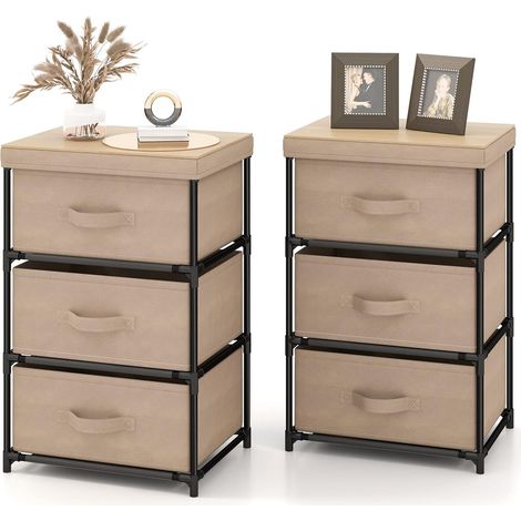 COSTWAY Comodino con 3 cassetti, set da 2, tavolino con struttura in metallo, cassettiera, armadio contenitore, cassettiera in tessuto per camera da letto, soggiorno, corridoio, 40 x 30 x 62 cm (marro (1/5)
