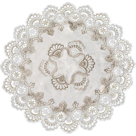Runde Stickdeckchen 60x60cm mit Spitzenbesatz, Vintage Tischdecke Beige