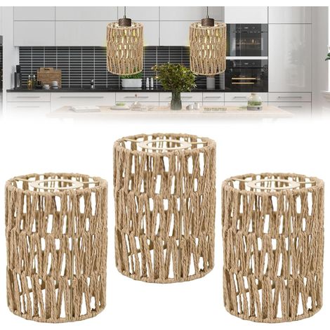 Lot de 3 Abat-jour, Design Bohème, Tissage Rotin, Papier Écologique, Pour Suspension Plafonnier Lampadaire