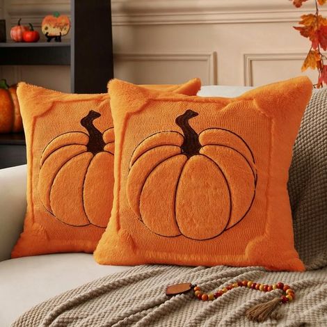 Housses de coussin décoratives - 45×45 cm - Orange - Housses de coussin Halloween - Peluche douce