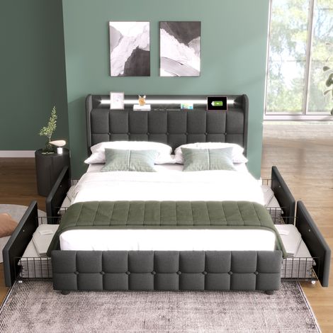 Cama tapizada de madera gris 180x200 cm con LED, enchufes USB y 4 cajones
