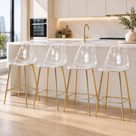 Taburetes de bar transparentes, set de 4, con estructura metálica dorada OKMYHOME (1/5)