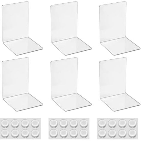 Lot de 6 Serre-Livres en Acrylique Transparent,Transparent Antidérapant Cale Livre avec Autocollants antidérapants,pour l'organisation du Bureau,Les décorations claires, Les affichages de Photos. (1/5)
