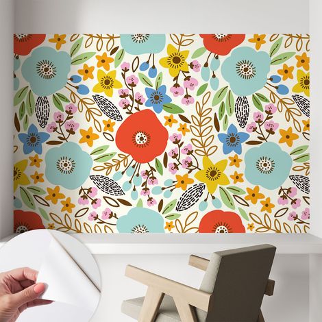 Papier peint adhésif autocollant pour salon chambre à coucher peint imprimé pour mur Motif floral 104x70 cm (1/5)