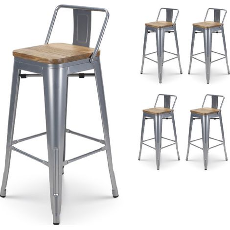 Set mit 4 silbergrauen Barhockern aus Metall im glänzenden Industrie-Look