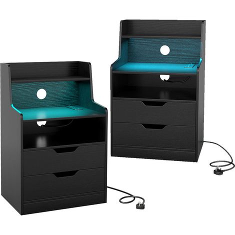 Recharge Pratique Lot de 2 Tables de Chevet LED 16 Couleurs 2 Tiroirs avec Prises AC USB pour Smartphone (1/5)