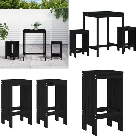 Set Bar da Giardino 3 pz Nero in Legno Massello di Pino - Tavolo da giardino - Sgabello da bar