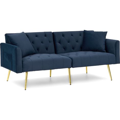 2-Sitzer-Sofa aus blauem Samt mit 3-fach verstellbarer Rückenlehne und 2 Kissen (1/5)